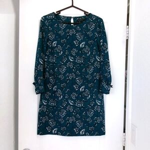 Banana Republic Deep Peacock Blue Shift Dress Ruffle Cuff Floral Print 0